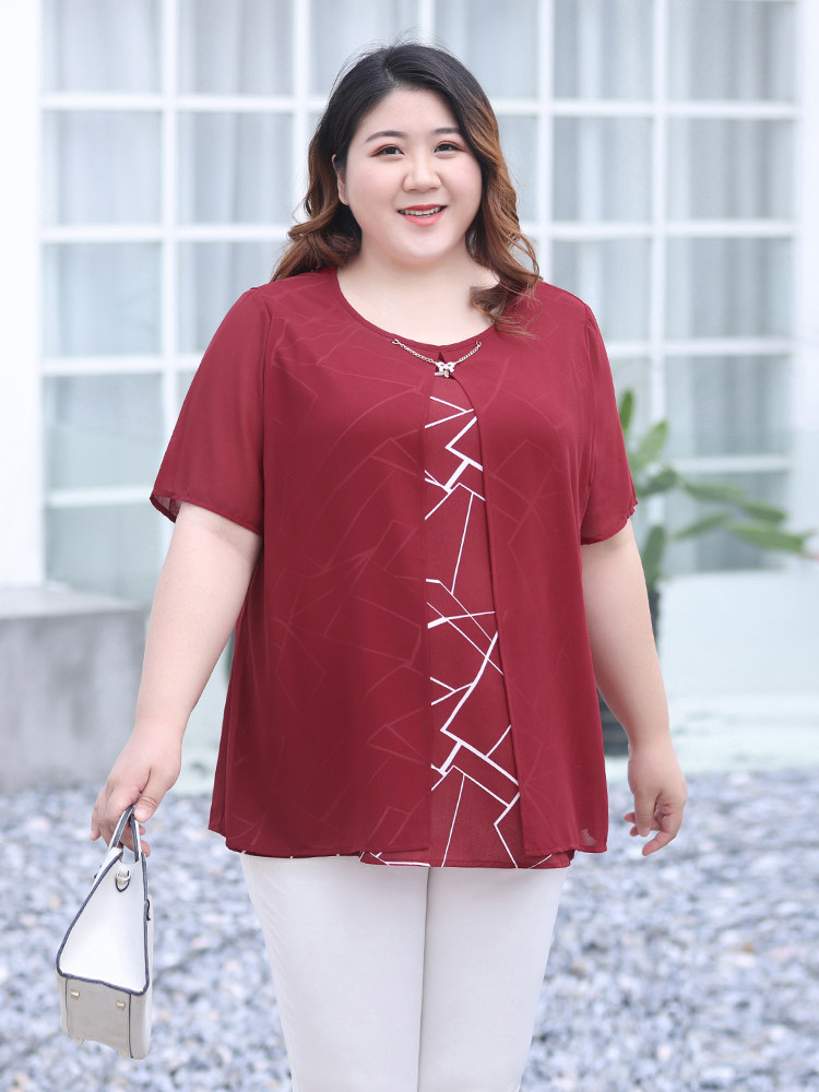 MOMS SUMMER DRESS FAKE TWO SHIRTS FEMALE FAT MM NEW T-SHIRT FAT PLUS SIZE LOOSE BELLY COVERING CHIFFON SHIRT 200 POUNDS