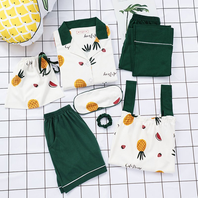 Seven-piece bag pajamas women's summer short-sleeved cotton thin sexy suspender chest pad spring and autumn large size home clothes