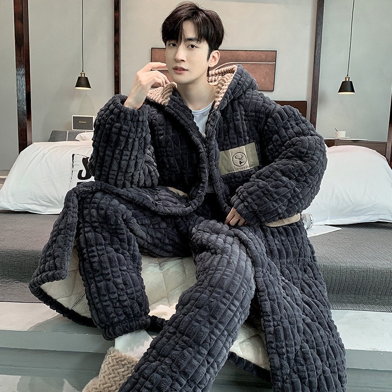 Men's Sleeping Clothes Autumn Winter Coral Suede Thickened 3-layer clip cotton Winter Even hat sleeping robe can be worn outside the home clothes-Taobao