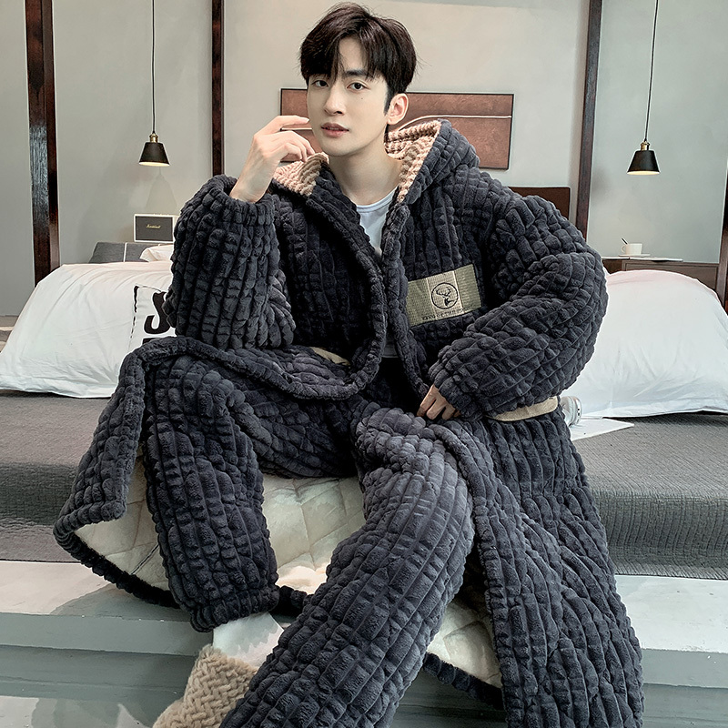 Men's Pajamas for Autumn and Winter, Coral Fleece, Thickened with Three Layers of Cotton, Hooded Winter Robe, Can Be Worn Outside, Loungewear Men's Pajamas for Autumn and Winter, Coral Fleece, Thickened with Three Layers of Cotton, Hooded Winter Robe, Can Be Worn Outside, Loungewear