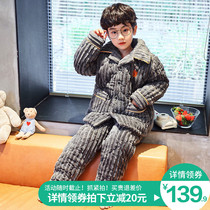 Childrens pajamas boys autumn and winter thickened velvet three-layer cotton middle-aged boy coral velvet home clothing set