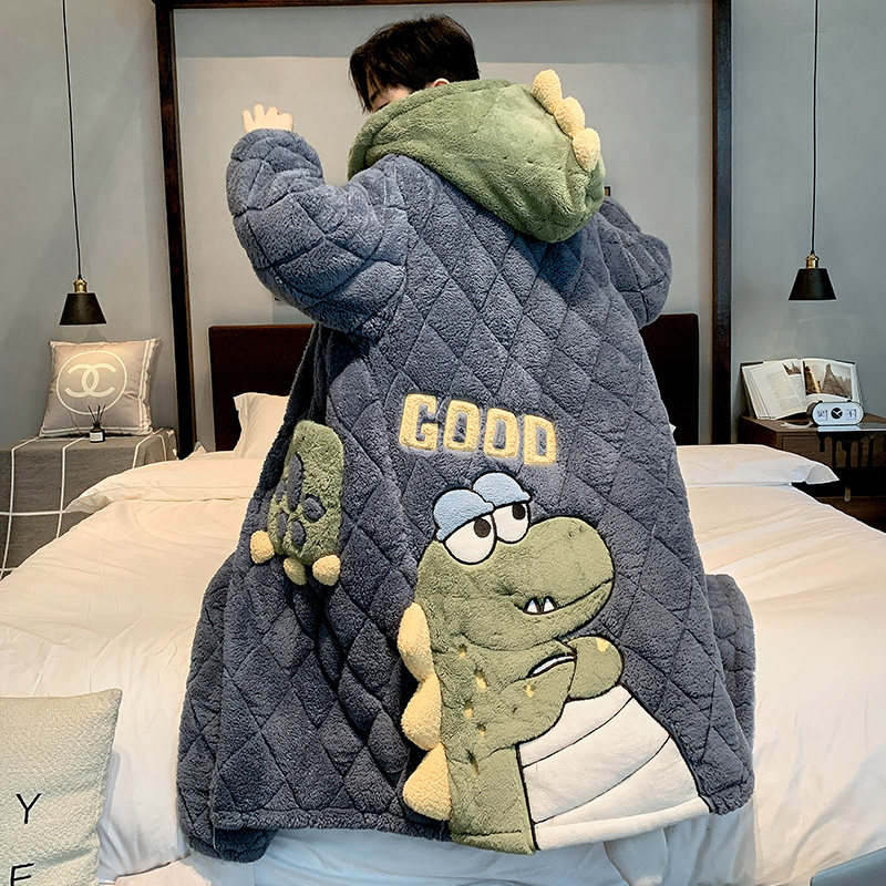 Autumn Winter Coral Suede Men Sleeping Robes Plus Suede Winter Three Layers Clip Cotton Padded Jacket Dinosaur Palate Dinosaur Home Clothing Dinosaur Home-Taobao