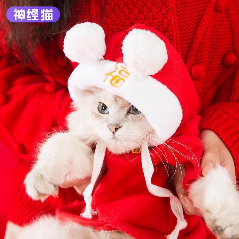 Kitty Clothes Autumn Winter Style New Year Fu Characters Double Balls Young Cat Buds Puppets Blue Cat Cat Pets Winter Warmth Defense Off Hair-Taobao