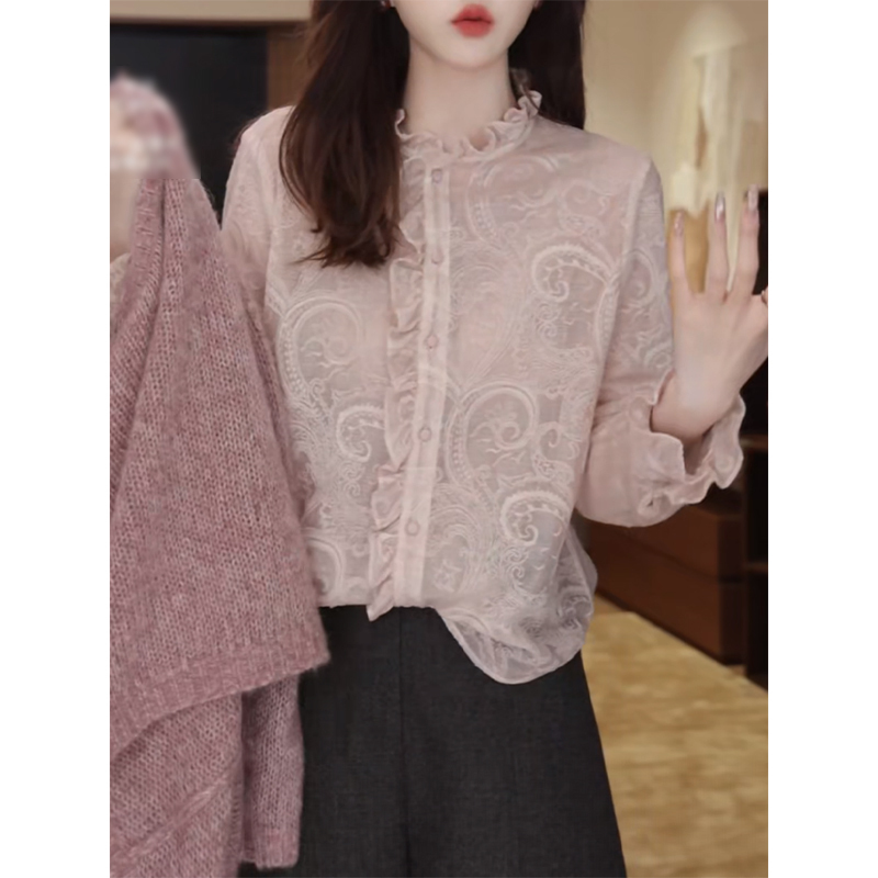 Designed Pink Lace Long-Sleeved Shirt for Women, New Autumn Style, Gentle, Stylish, Beautiful and Flattering Inner Top Designed Pink Lace Long-Sleeved Shirt for Women, New Autumn Style, Gentle, Stylish, Beautiful and Flattering Inner Top