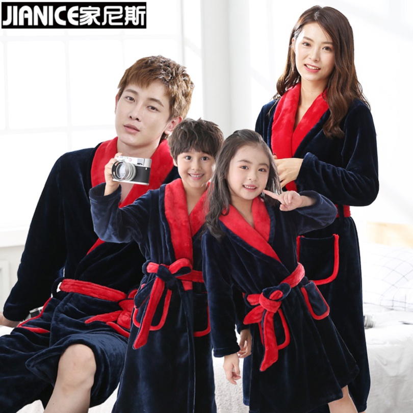 Parent-child sleepwear flannel Flannel Sleepwear a family of three mouthed palate with a long version of bathrobe in the autumn and winter coral velvet morning robe