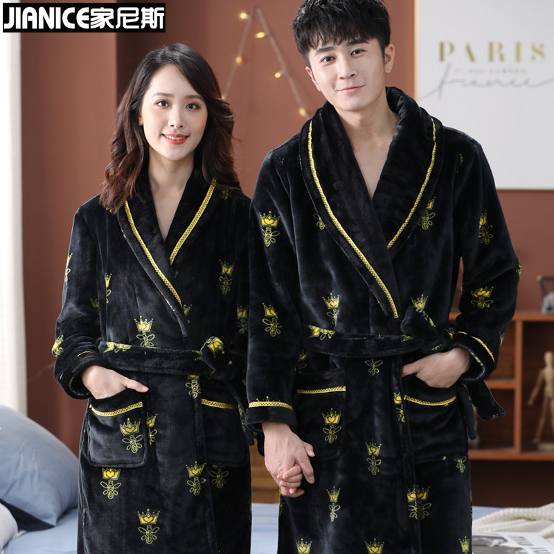 Home Ness Sleeping Robes Women's Autumn Winter Thickened Coral Suede Men's Sleeping Clothes Winter Lengthened Flannel Couple Bathrobe