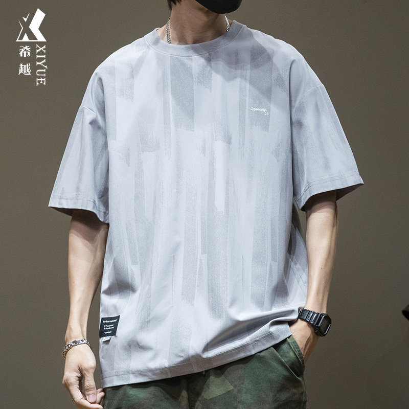 Summer design feeling striped short sleeve T-shirt male loose with large size and fat to increase ice silk sliding material speed dry men's T-shirt