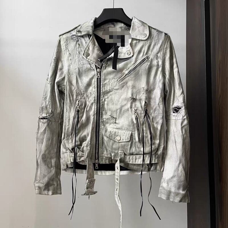 【Dog Tooth Masterpiece】Motorcycle Jacket, Coconut Tree Jacket, Oil-Stained Jacket, Blue Diamond Patchwork Leather Sweatshirt
