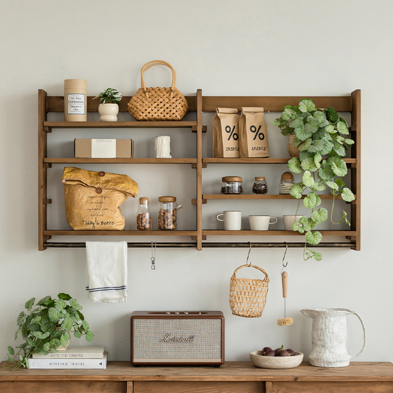 Retro Solid Wood Shelf for Home Use, Wall-Mounted Bedroom Display Rack, Wabi-Sabi Style Layered Storage Shelf