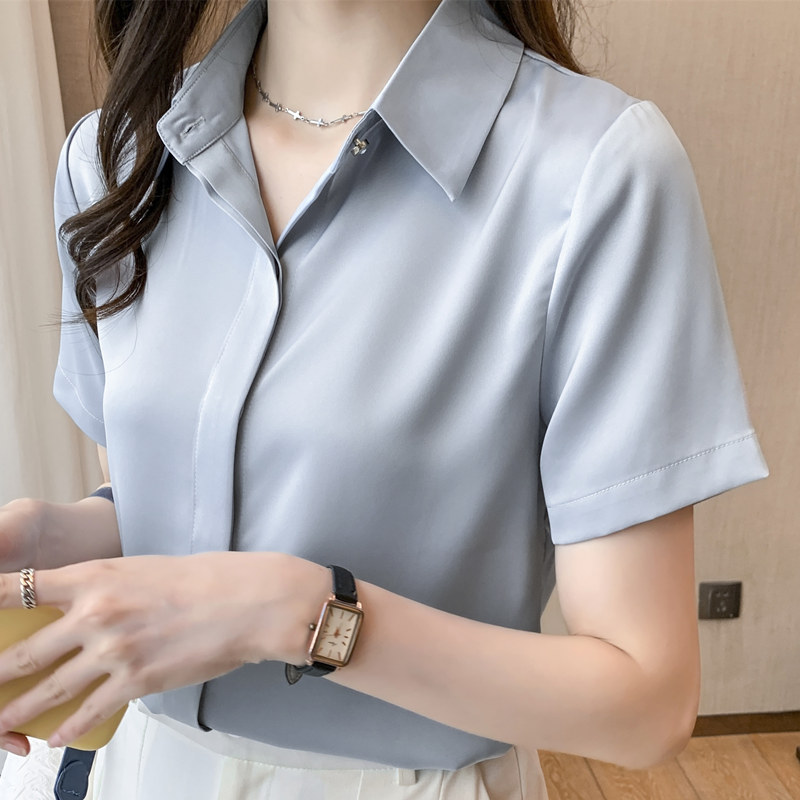 Professional Women's Short-Sleeved Summer Shirt for Petite Figures, Acetate Satin Workwear, Stylish Formal Interview White Shirt