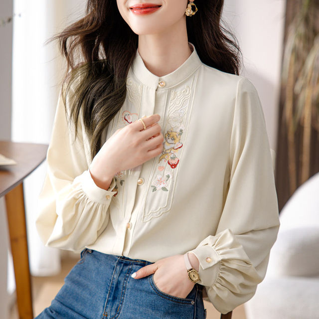 New Chinese style women's embroidered button-down shirt with long sleeves and horse skirt, high-end stand-up collar top and western-style shirt