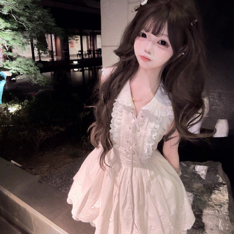 Bbing Sweetheart Falling Cherry Blossom Love Letter Light Pink Girly Lace-Up Ruffled Lace Navy Collar Waist-Cinching Dress