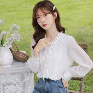 Camisa blanca de principios de otoño para mujer, súper hada de manga larga, top de gasa con lazo, camisa interior de estilo extranjero, camisa con parte inferior de encaje, 2025