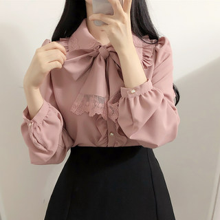 Camisa de gasa blanca con pajarita para mujer, blusa de moda, top con cuello de muñeca de principios de otoño, camisa con fondo de encaje de súper hada de manga larga