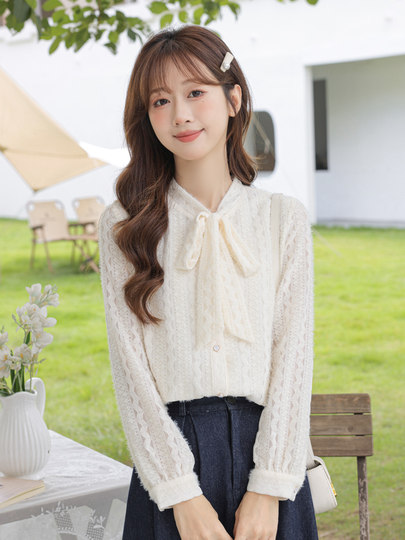 蝴蝶结蕾丝打底衫女长袖内搭2025早秋新款衬衫高级感别致漂亮上衣
