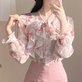 Camisa de gasa floral con cuello en v para mujer con mangas largas camisa con lazo de principios de otoño 2025 para mujer con elegantes tops con volantes y mangas acampanadas