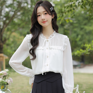 Camisa de gasa con lazo blanco para mujer, súper hada de manga larga, camisa nueva de principios de otoño, top reductor de edad a la moda, 2025