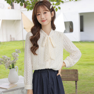 Camisa con lazo de encaje para mujer con mangas largas y camisa nueva de principios de otoño 2025, top elegante y hermoso de alta gama
