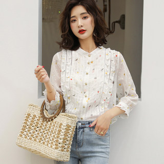 Camisa de gasa floral de manga larga para mujer 2025 principios de otoño camisa con parte superior de encaje muy hada camisa pequeña de estilo occidental camisa blanca