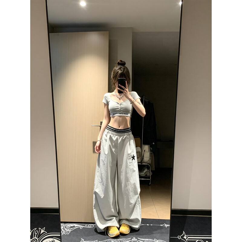 Double-Waisted Star Quick-Dry Cargo Pants for Women, Summer American-Style Niche Sports Wide-Leg Casual Jazz Dance Pants