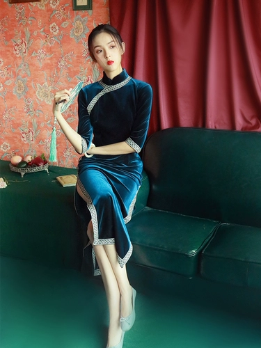 Бархатное ципао, элегантная длинная юбка, китайский стиль