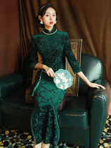 Green cheongsam long sexy temperament celebrities improved old Shanghai retro Republic of China warlord wife dress female autumn