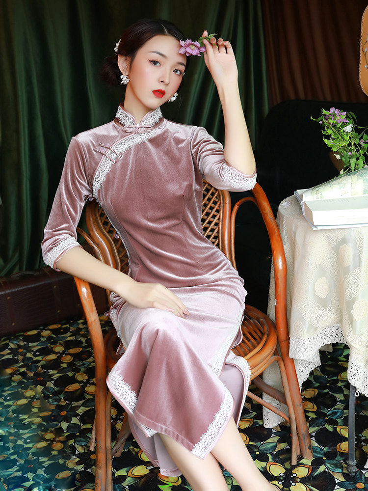 Qipao 2020 New Autumn Winter Velvet Long Version Temperament Elegant Middle Sleeve Retro China Wind Daily Dress Women