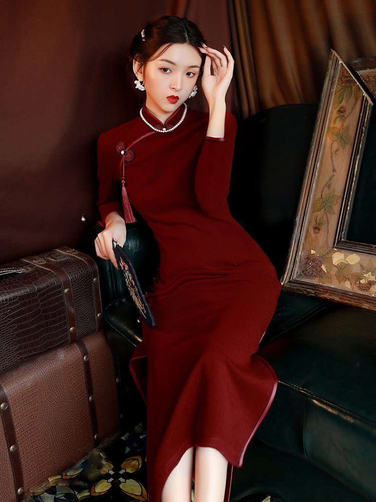 Wine Red Flag Robes Temperament Long Version of Lean Comeback Old Shanghai China Wind Bride to Dress Women's Autumn
