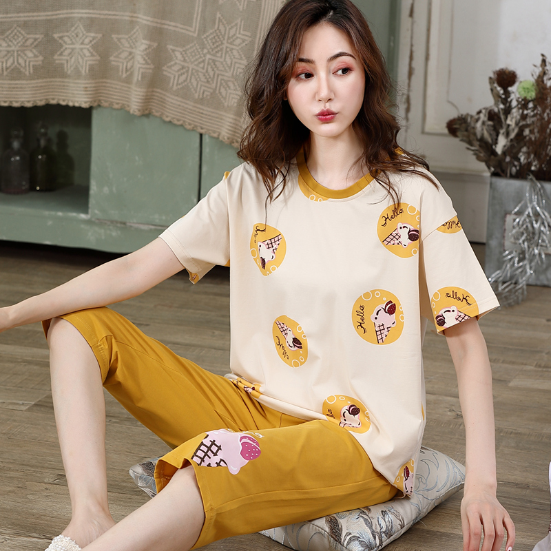 Pajamas Woman Summer Pure Cotton Short Sleeves 50% Pants 50% Pants Suit Loose Large Size Yard summer Leisure able to wear a Home Residence Suit