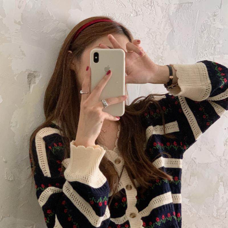 Fall/Winter 2020 new sweet lace knit cardigan stripe V-neck loose Korean version sweater jacket top for women