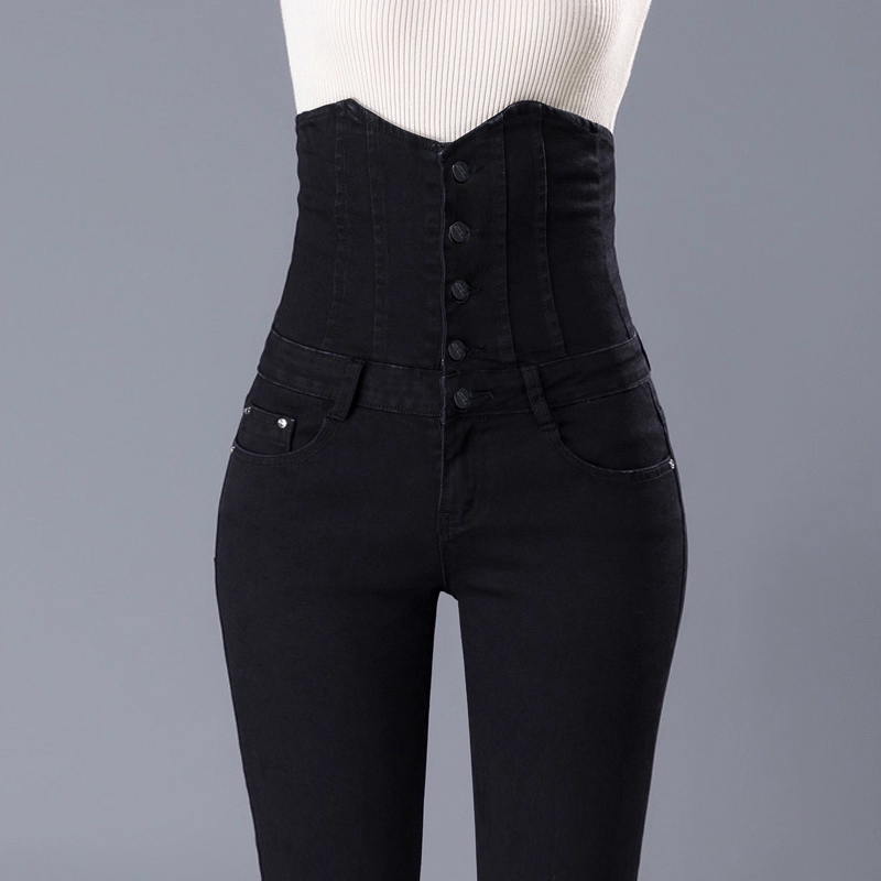 Super High-Waisted Jeans for Women, Slimming and Height-Enhancing, 2025 Autumn and Winter, Stretchy Skinny Fit, Tummy Control, Black Pants