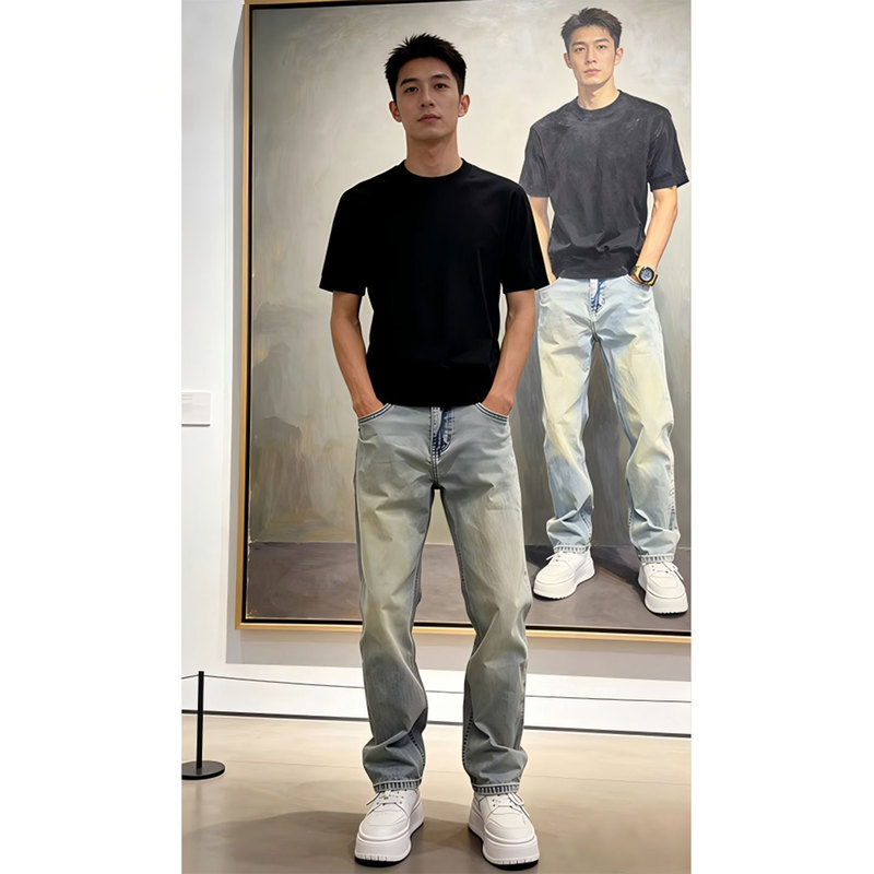 American Retro Blue Curved Hem Jeans for Men, Summer Thin Style, Slim Fit, Slightly Flared Pants, Washed and Distressed Straight-Leg Trousers