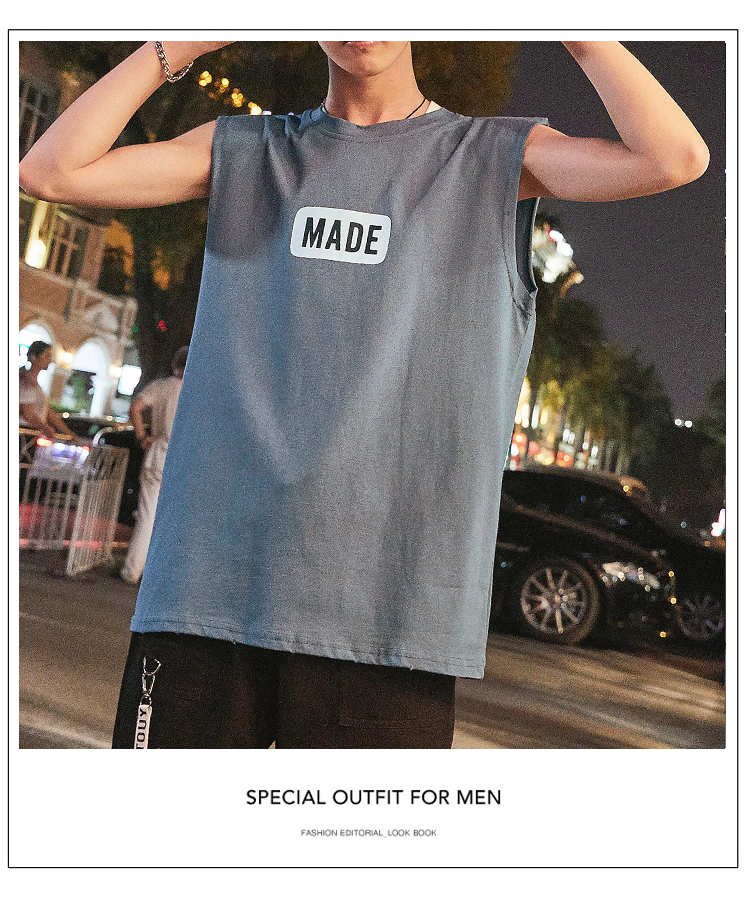 Áo thun nam mùa hè không tay phiên bản Hàn Quốc Loose Casual Nhật Bản đơn giản In chữ giả hai mảnh Vest nam mồ hôi áo ba lỗ nam cao cấp