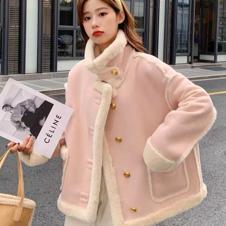 Pink Fur Integrated Lambswool Coat for Women, 2026 Winter New Style, Thickened with Fleece, Chanel-Style Biker Jacket, Suede
