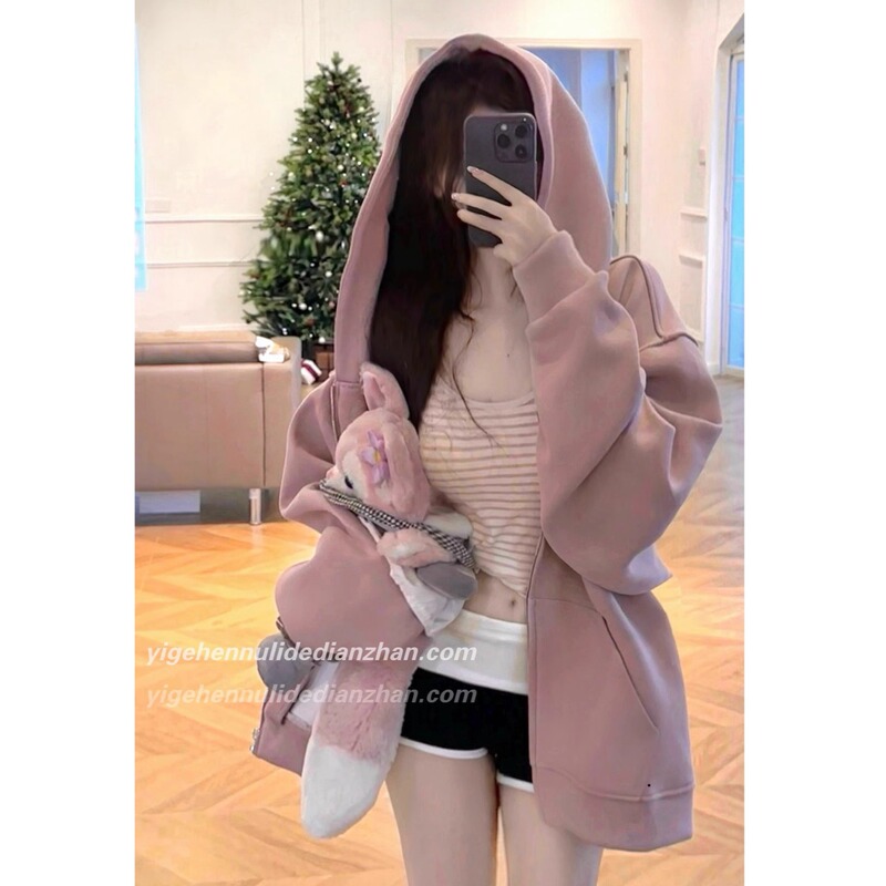 New Autumn and Winter Smoky Pink Hooded Sweatshirt Jacket Korean Style Lazy Style Loose Casual Wide Zipper Top for Women New Autumn and Winter Smoky Pink Hooded Sweatshirt Jacket Korean Style Lazy Style Loose Casual Wide Zipper Top for Women