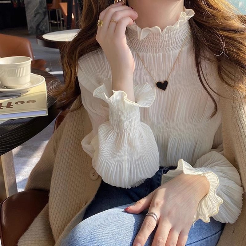 Осенняя кружевная рубашка с полуприлегающим низом и высоким воротом, женская внутренняя одежда осенью и зимой, а также бархатная верхняя одежда высокого класса, шифоновый топ с кружевным воротником