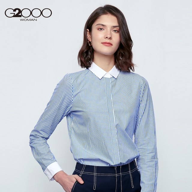 G2000 Business OL commuter women's casual top fresh blue and white striped long-sleeved shirt