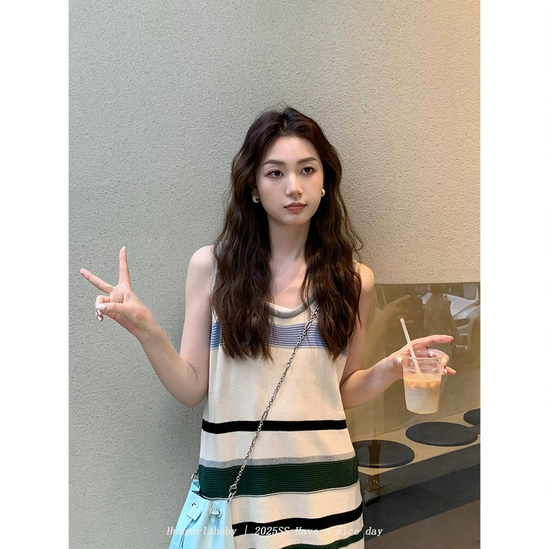 Hungerlababy/25Ss Lazy Style Casual Elegant Striped Slimming Tank Top Suspender Dress Knitted Dress