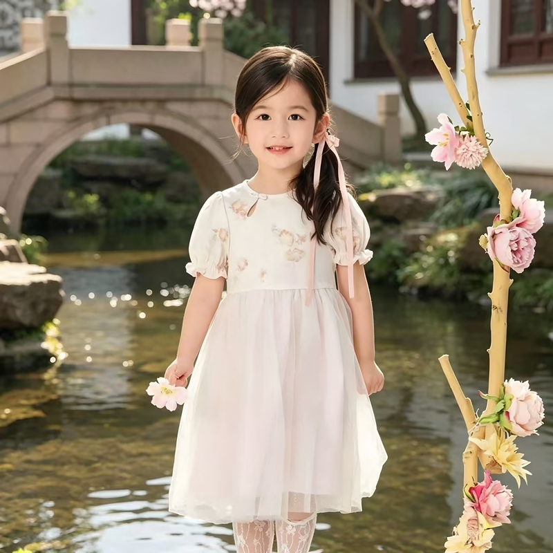 Balabala Girls' New Chinese-Style Dress, Summer Children's Puff Sleeve Dress, National Style Princess Dress, Hanfu, Fresh and Simple