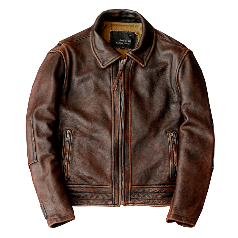 American Retro Cowhide Genuine Leather Jacket Men Motorcycle Short