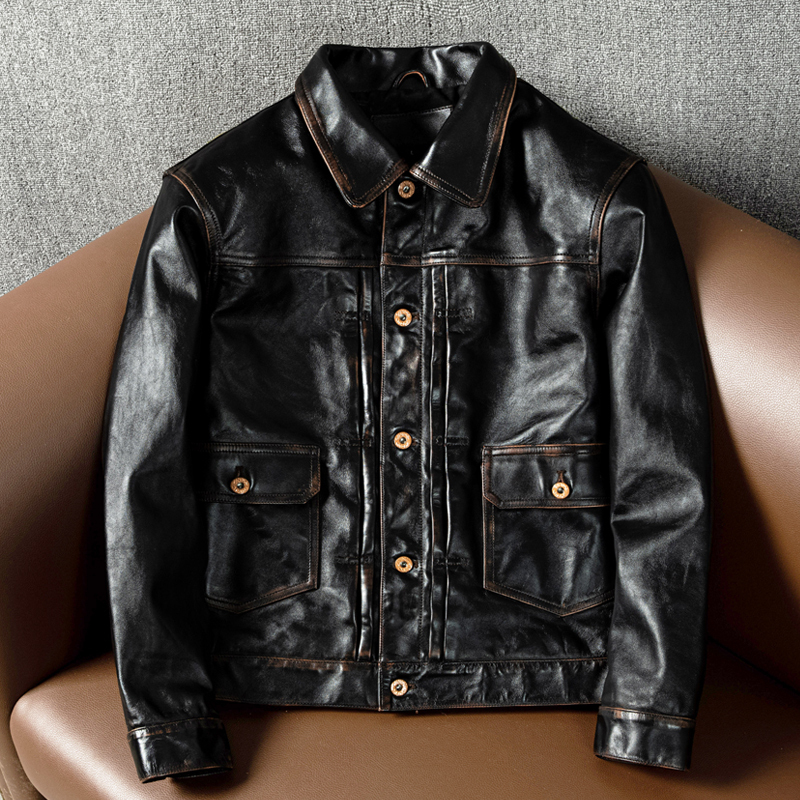 New 506 Hand-Rubbed Color First-Layer Tea Core Horsehide Short Slim-Fit Men's Genuine Leather Jacket Vintage Coat New 506 Hand-Rubbed Color First-Layer Tea Core Horsehide Short Slim-Fit Men's Genuine Leather Jacket Vintage Coat