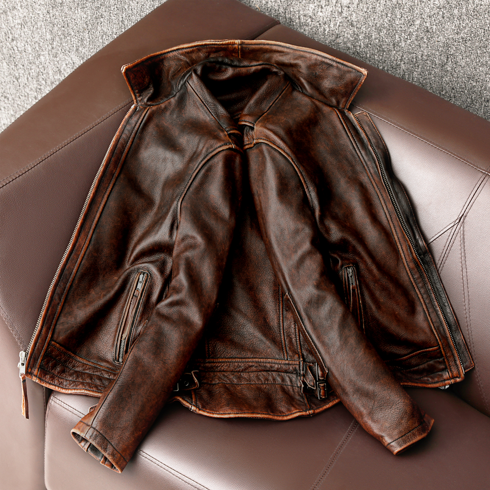 American Retro Cowhide Genuine Leather Jacket Men Motorcycle Short
