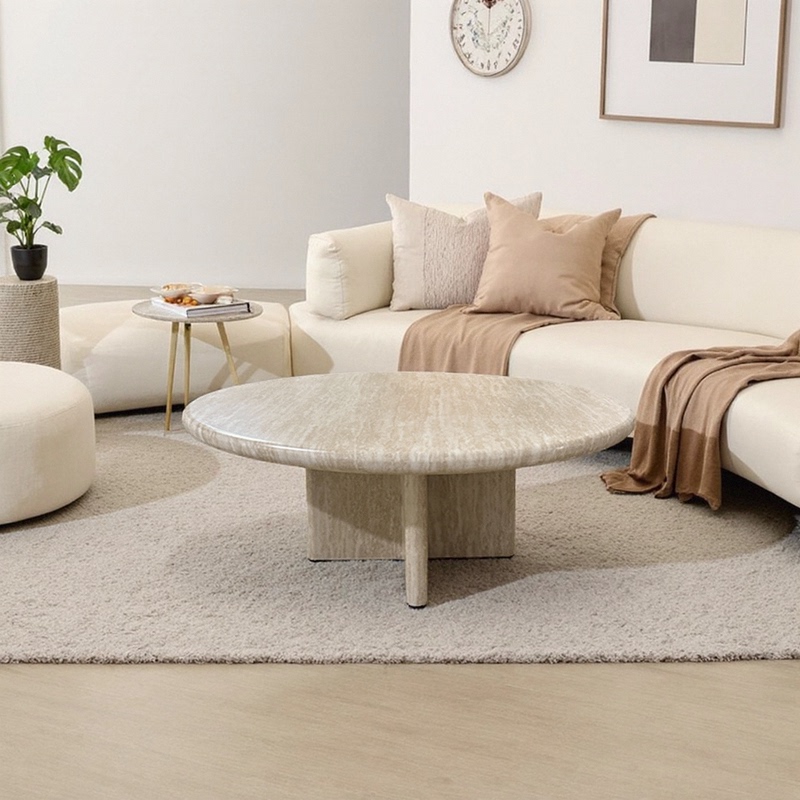 French-Style Mid-Century Travertine Coffee Table with Marble Top, Round Coffee Table for Small Apartments, Mobile Living Room Furniture, 2025 New Model French-Style Mid-Century Travertine Coffee Table with Marble Top, Round Coffee Table for Small Apartments, Mobile Living Room Furniture, 2025 New Model