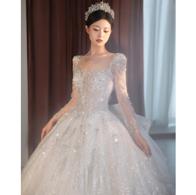 Long -sleeved light wedding dress 2024 new main yarn heavy industry French pregnant woman large size small, high -end texture trailer tail Long -sleeved light wedding dress 2024 new main yarn heavy industry French pregnant woman large size small, high -end texture trailer tail