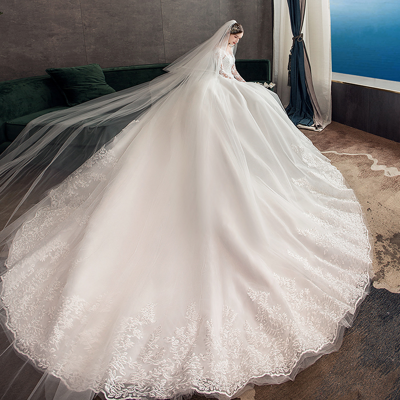 The main wedding dress 2024 new bride French dragging light yarn long sleeves simple small size small size thinning pregnant woman The main wedding dress 2024 new bride French dragging light yarn long sleeves simple small size small size thinning pregnant woman