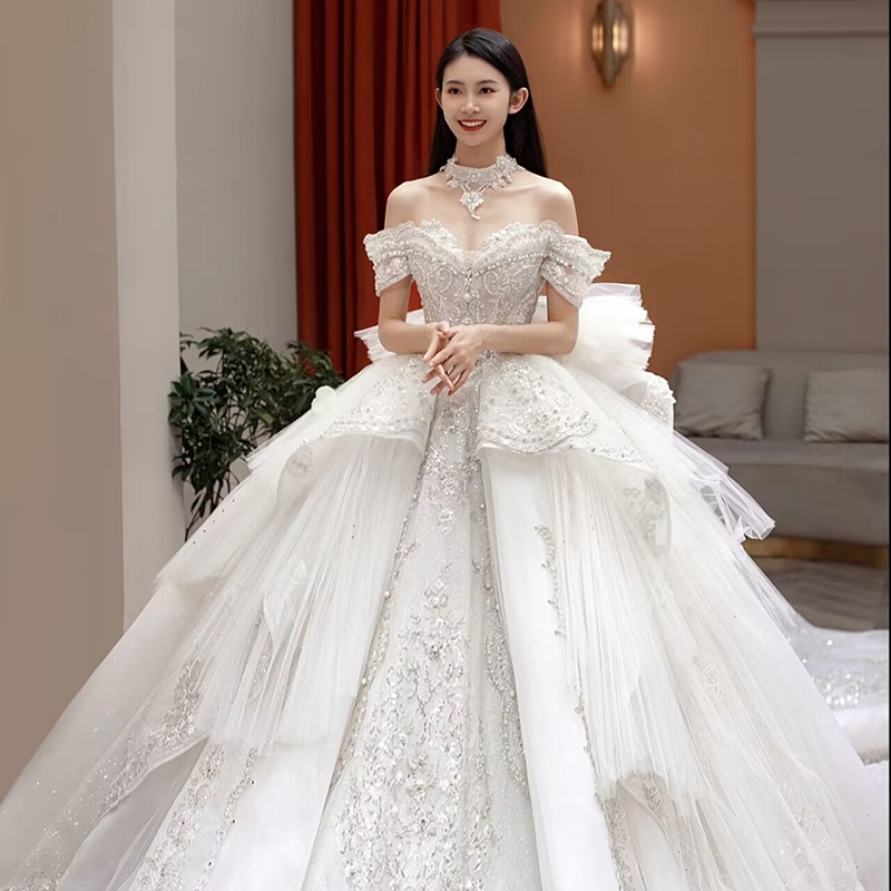 Advanced wedding dress for pregnant, open shoulders, suitable for teen, plus size, french style, high-end