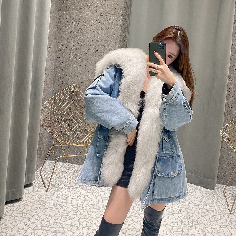 Navy collar Rex rabbit fur liner denim pie to overcome fox fur collar coat women's mid-length version 2022 winter new