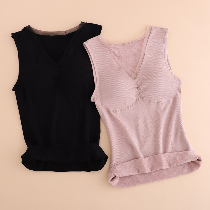 Cotton geometric warm vest woman with chest cushion low collar fur ring thin suede underwear with thickened autumn clothes single blouse-Taobao