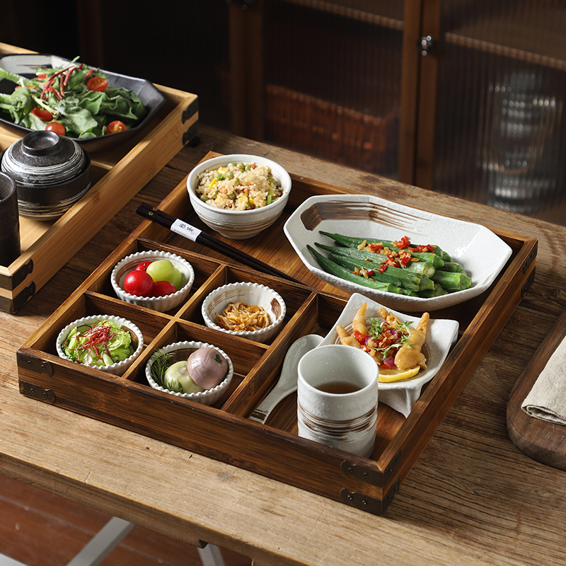 Japanese-Style Ceramic Homestay Tableware Set, Creative Breakfast Divided Plate, Food Box, Wooden Tray, Commercial Set