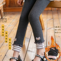 Girl Beats Bottom Pants Autumn Winter Plus Suede Outside Wearing Korean Version Children Butterfly Knot Thickened Warm Long Pants Cotton Girl Pants